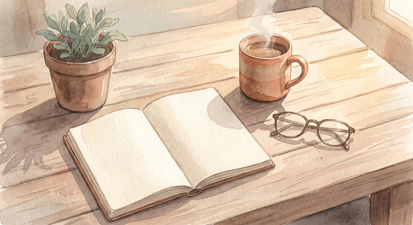 יומן פתוח וכוס קפה על שולחן עץ באור בוקר רך, תחושת רוגע והתחלה חדשה