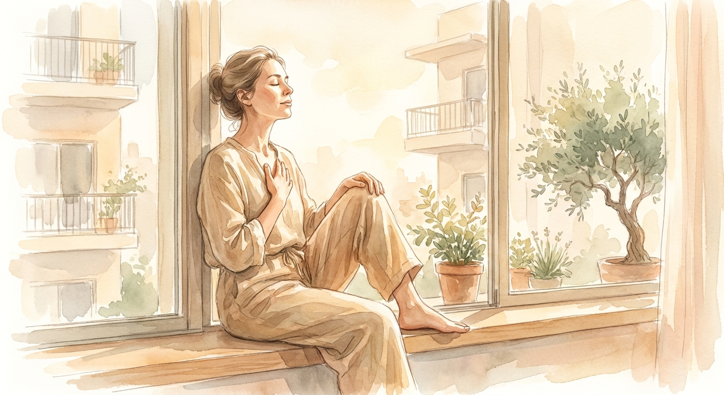 הורה ישראלי יושב על אדן החלון בבית, עוצם עיניים ונושם נשימה עמוקה באור הבוקר