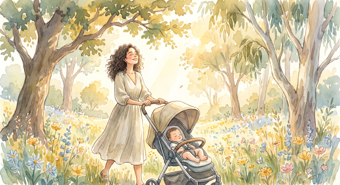 אם צעירה מטיילת עם תינוק בפארק ירוק, נושמת אוויר צח ומרגישה הקלה