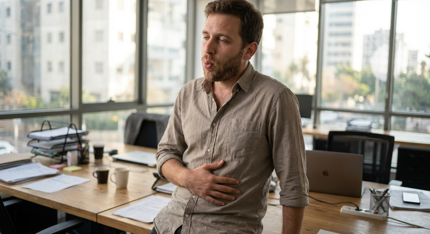 גבר ישראלי עומד ליד שולחן עבודה, יד אחת על הבטן, נושף בעדינות דרך שפתיים מכווצות, הפסקה קצרה באמצע יום