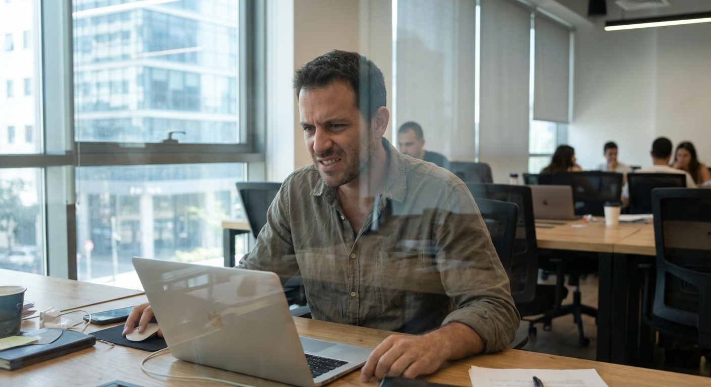 גבר ישראלי יושב מול מחשב נייד במשרד, נראה רגוע ומתפקד, אבל הלסת שלו חזקה ומוקשה