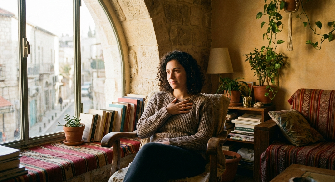 אישה ישראלית יושבת על כיסא ליד חלון עם יד על הלב, רגע של חמלה עצמית