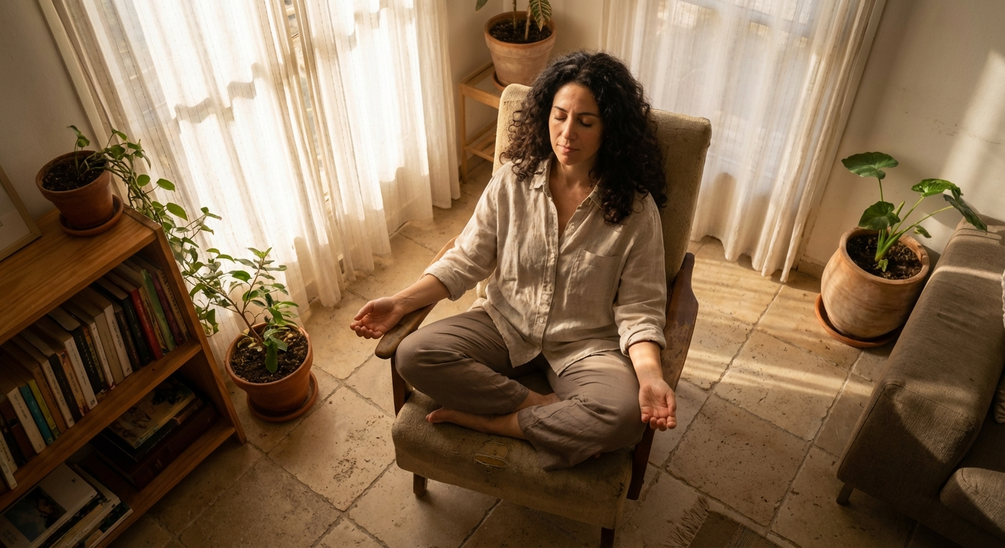 אישה עושה סריקת גוף רגועה בישיבה על כיסא בחדר מואר