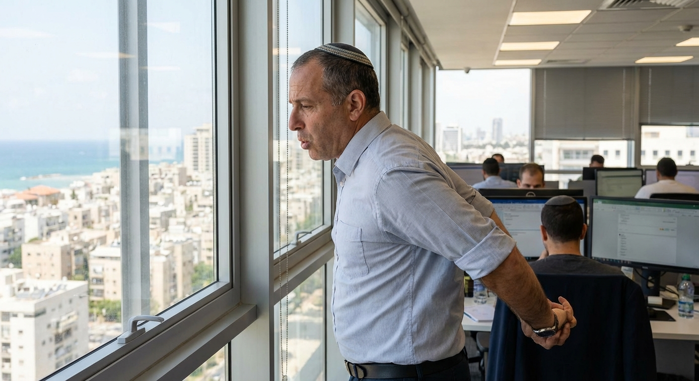 עובד ישראלי עומד ליד חלון במשרד, מותח כתפיים ונושם עמוק לתרגיל ריסט של חמש דקות