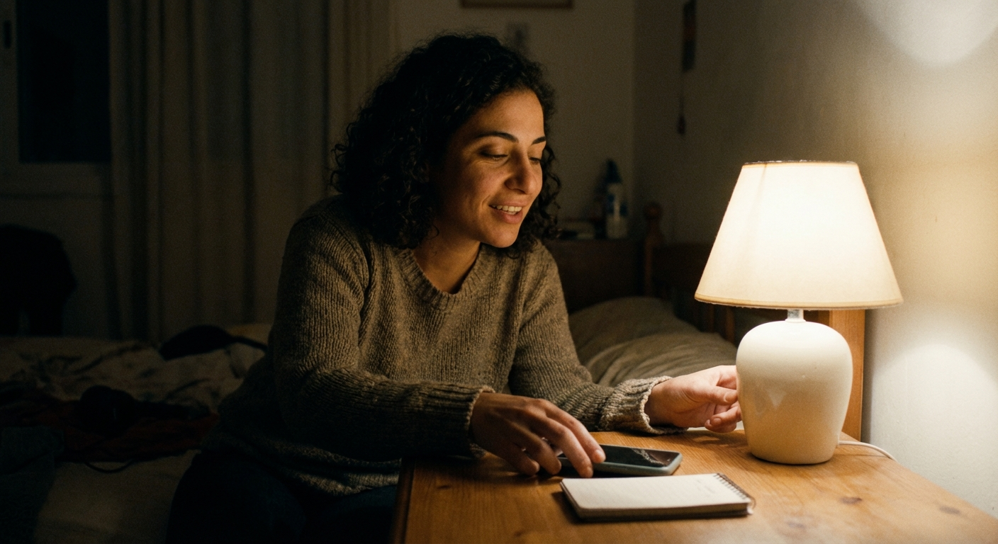 אישה ישראלית סוגרת מחברת ושמה את הטלפון על שידה לפני שינה