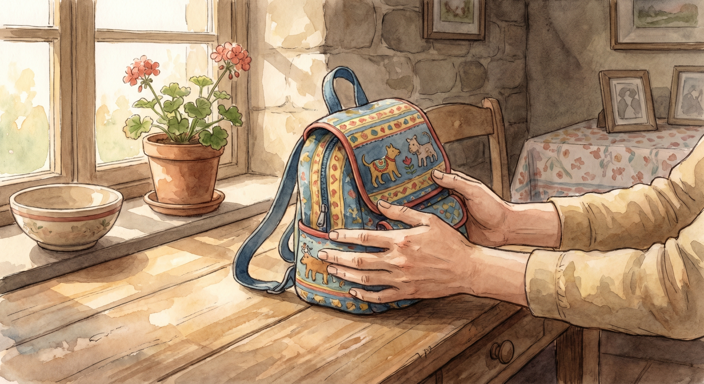 איור בצבעי מים של ידיים של הורה מחזיקות בעדינות ילקוט קטן וצבעוני