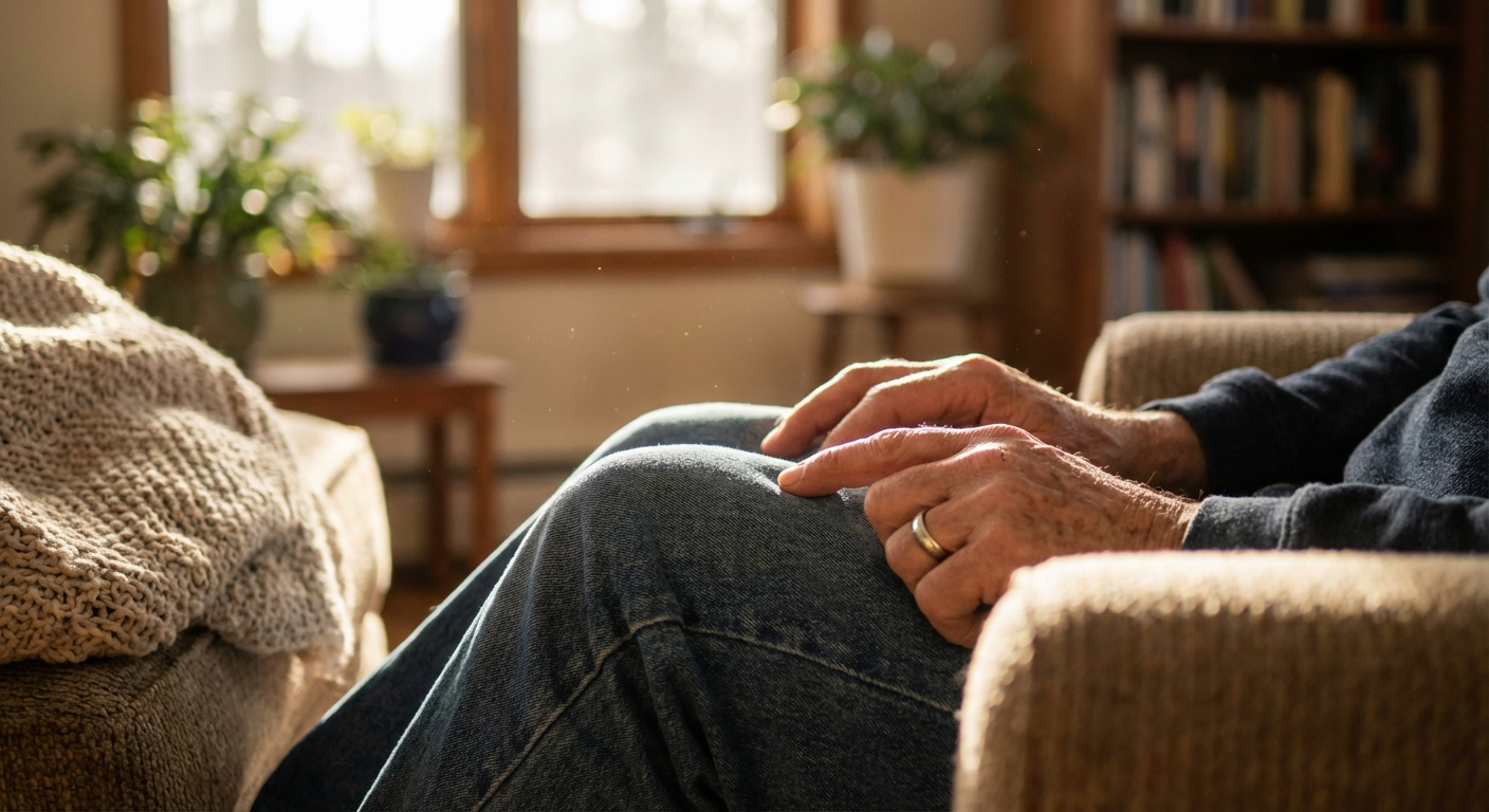 ידיים של אדם מבצעות טפיחות לסירוגין על הברכיים, תקריב חמים ואינטימי