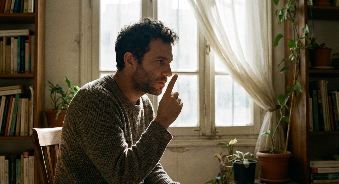 גבר ישראלי יושב על כיסא ליד חלון, עיניים עוקבות אחרי אצבע מורמת, תאורה טבעית רכה, רגע תרגול שקט