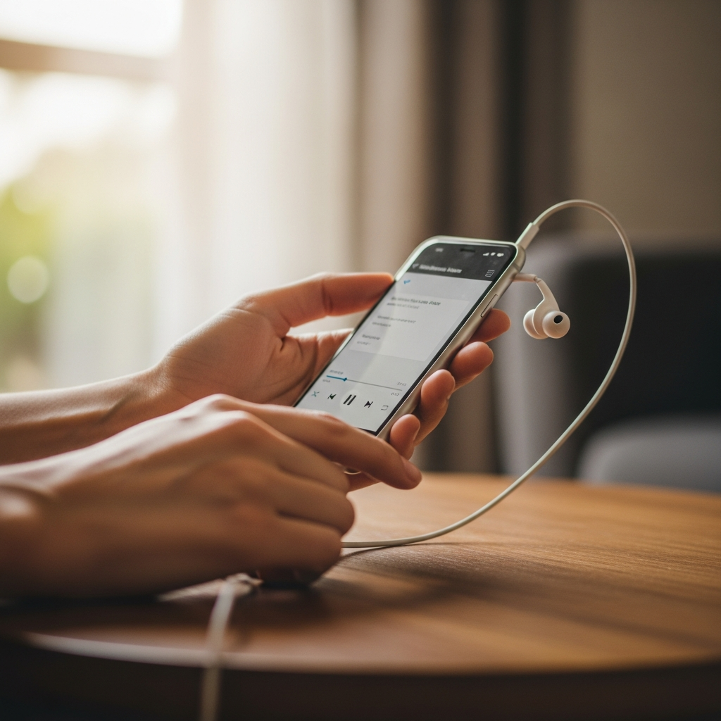 תקריב של ידיים מחזיקות טלפון עם אוזניות מחוברות, צליל נגן על מסך הטלפון, רקע ביתי רך