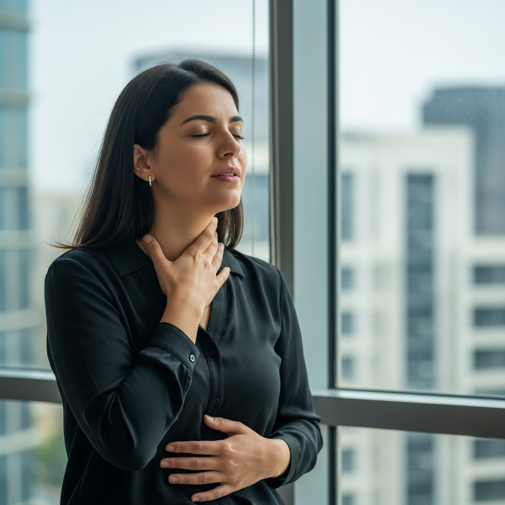 אישה ישראלית עומדת ליד חלון משרדי, יד אחת על הגרון ויד שנייה על הבטן, נושמת לאט לפני פגישה