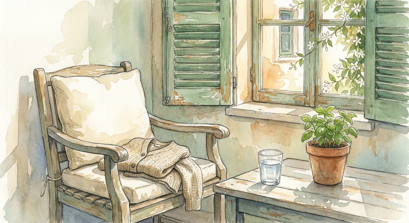 פינה שקטה במרפסת עם כיסא אחד, כוס מים וצמח בזיליקום
