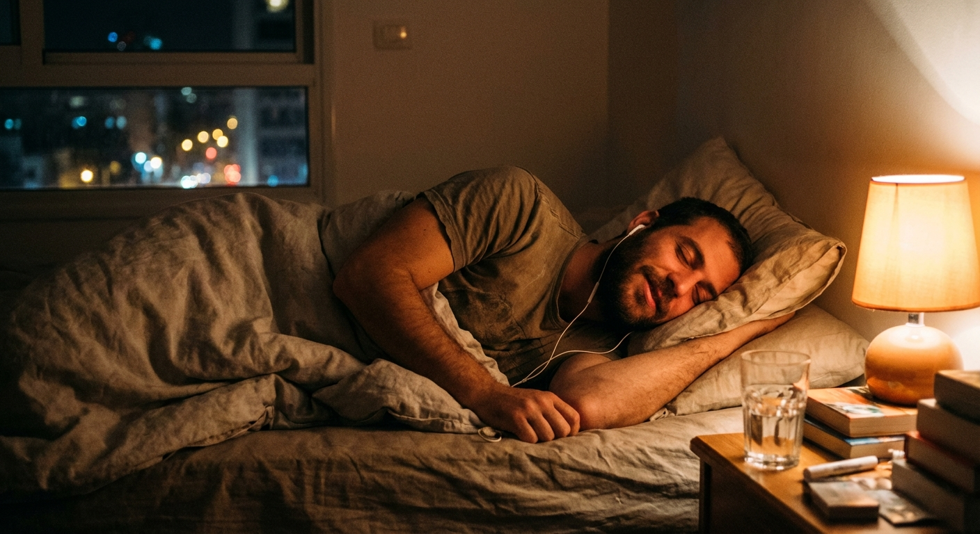 גבר ישראלי שוכב על הצד במיטה ומקשיב למדיטציה רגועה באוזניות רגע לפני הירדמות