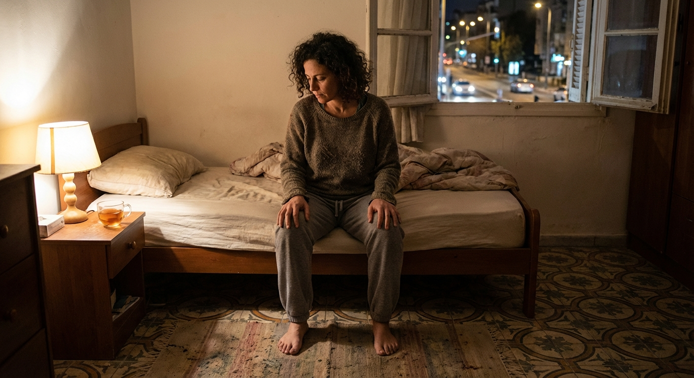 אישה ישראלית יושבת על קצה המיטה בלילה, רגליים על הרצפה, עושה תרגיל קרקוע של שתי דקות