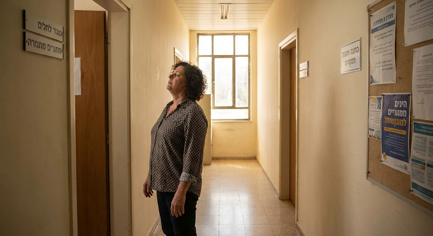 אדם עושה תרגיל נשימה במסדרון משרד לפני כניסה לפגישה