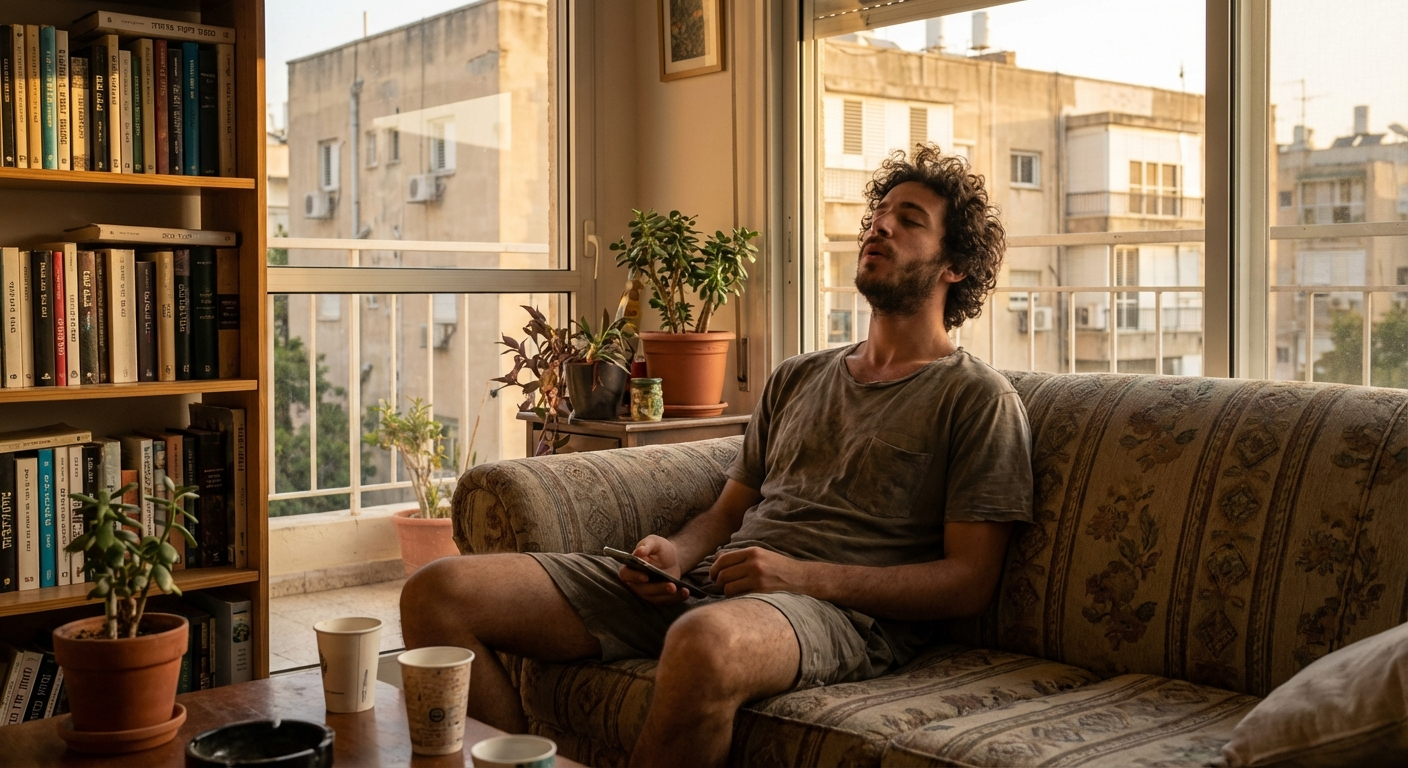 צעיר ישראלי יושב על ספה עם טלפון ומתרגל נשימה לפני שליחת הודעה