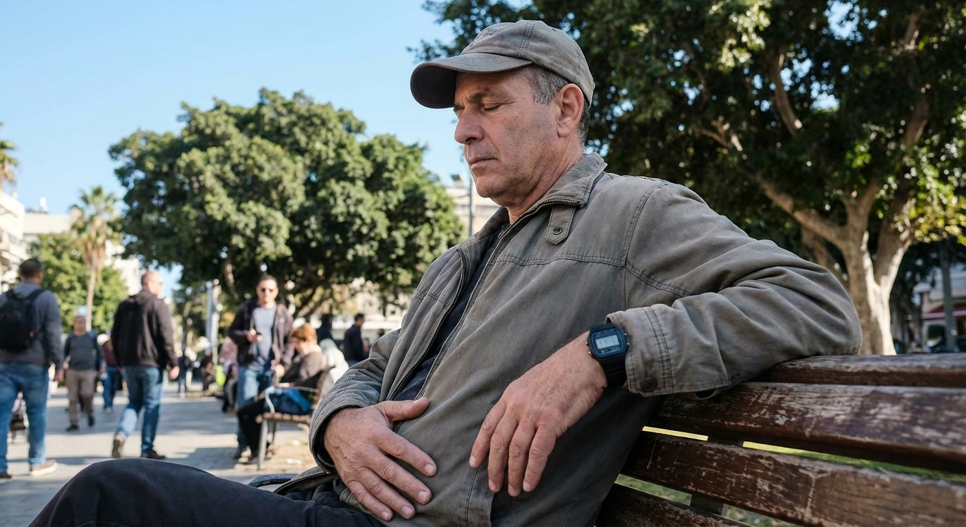 גבר ישראלי יושב על ספסל בחוץ, מכבה מבט מהשעון ונושם עם יד שנייה על הבטן
