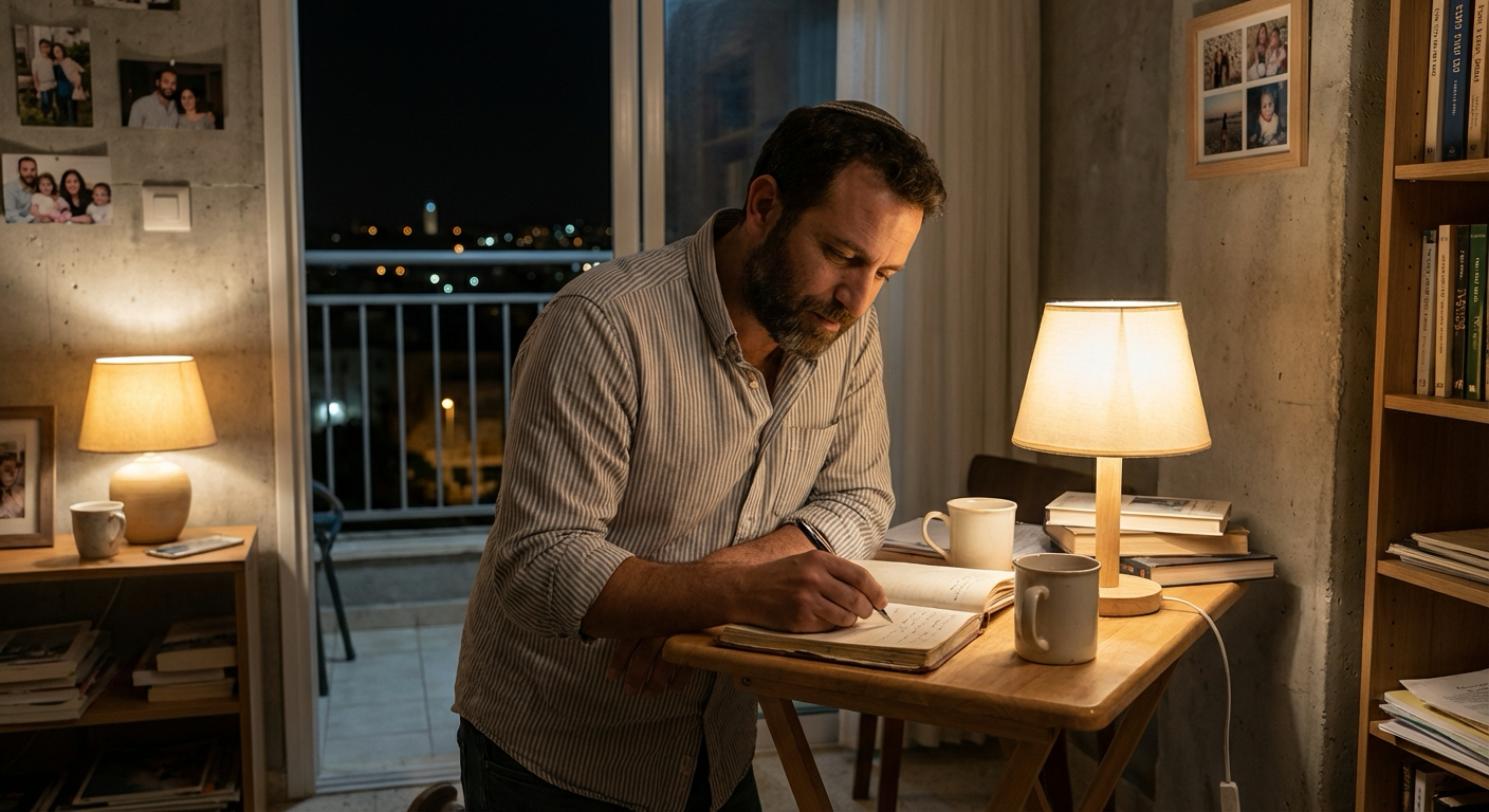 גבר ישראלי יושב ליד שולחן קטן בלילה וכותב מחשבות במחברת כדי לפרוק את הראש