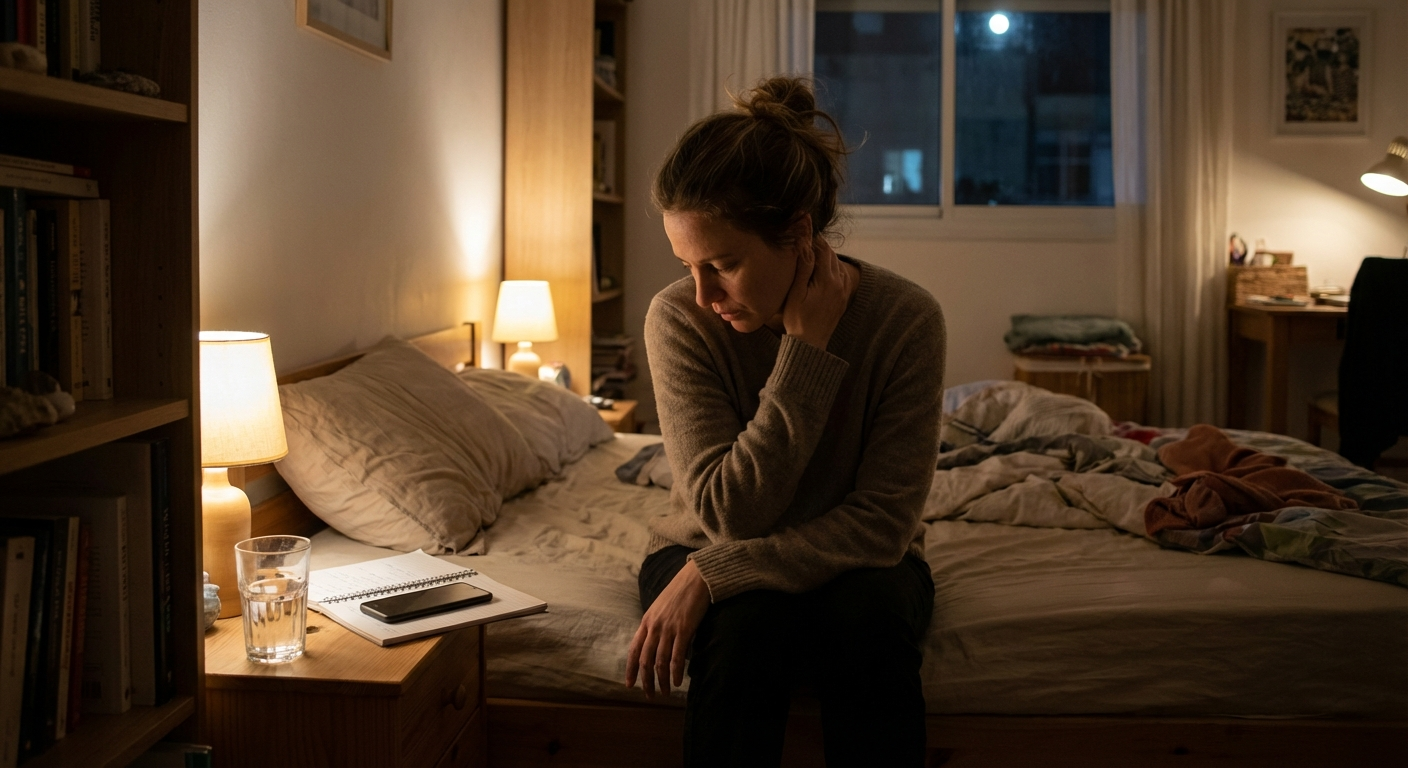 אישה ישראלית יושבת על קצה המיטה בלילה, הטלפון מונח הפוך ליד מחברת וכוס מים