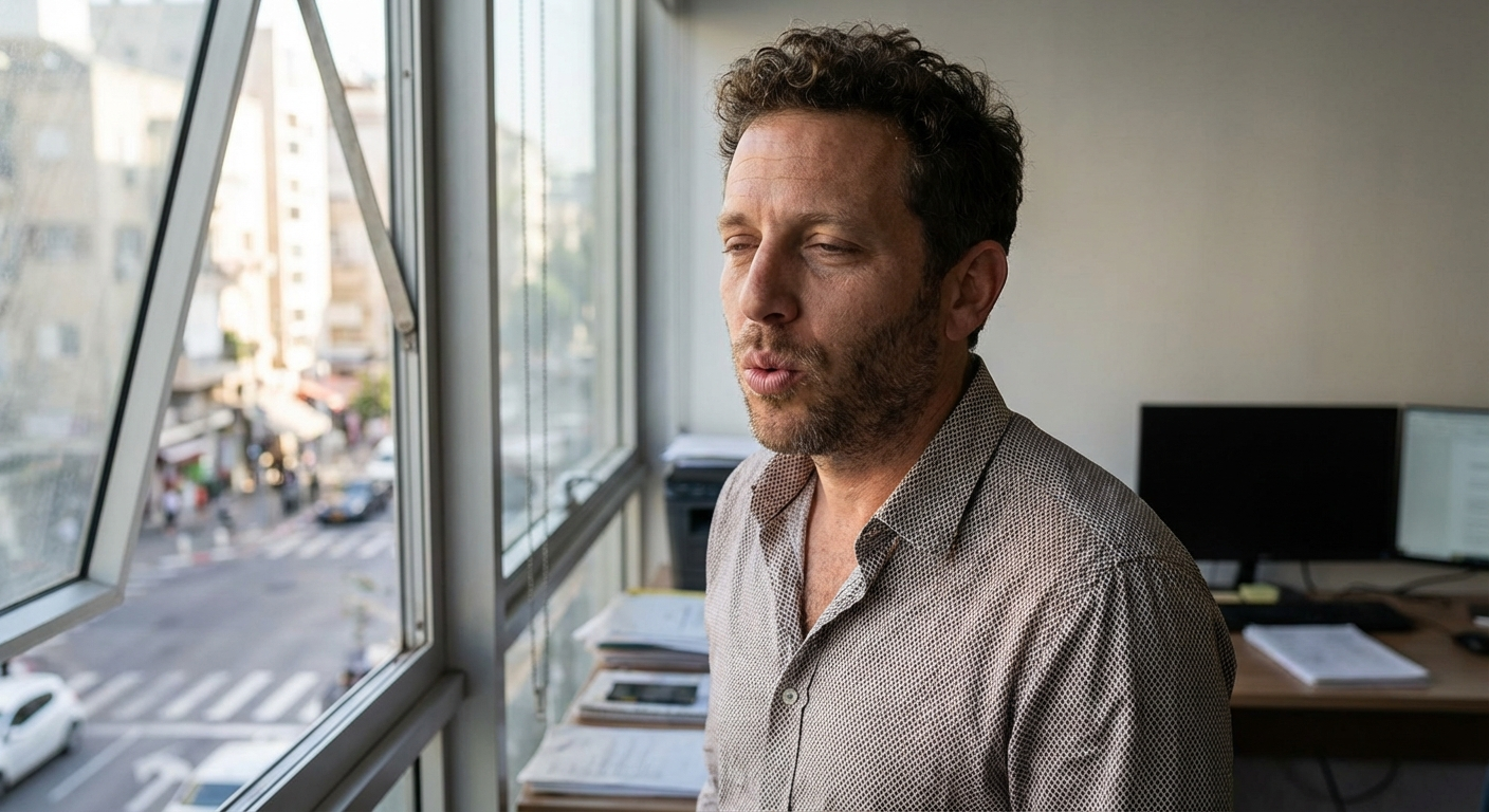 גבר ישראלי עומד ליד חלון משרד פתוח, נושף לאט דרך שפתיים מעוגלות, רגע של הפסקה קצרה באמצע יום עבודה