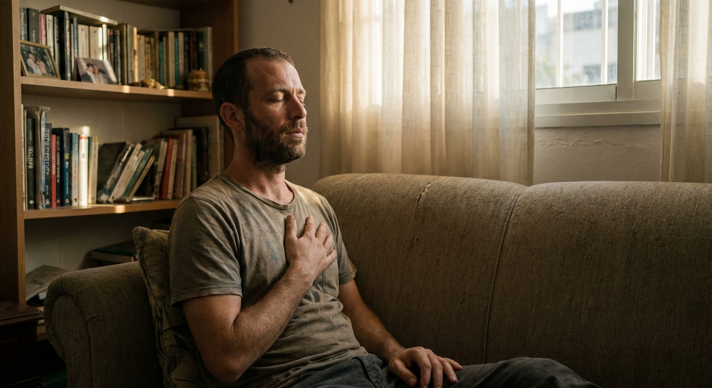 גבר ישראלי יושב על ספה בסלון, עוצם עיניים ונושם עמוק עם יד על החזה בזמן תרגול קצר להרגעה