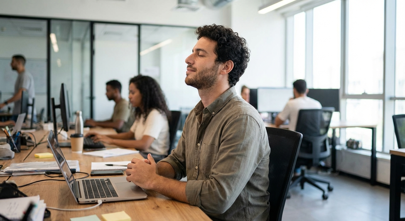 גבר ישראלי צעיר יושב ליד שולחן עבודה עם לפטופ ונושם עמוק עם עיניים עצומות