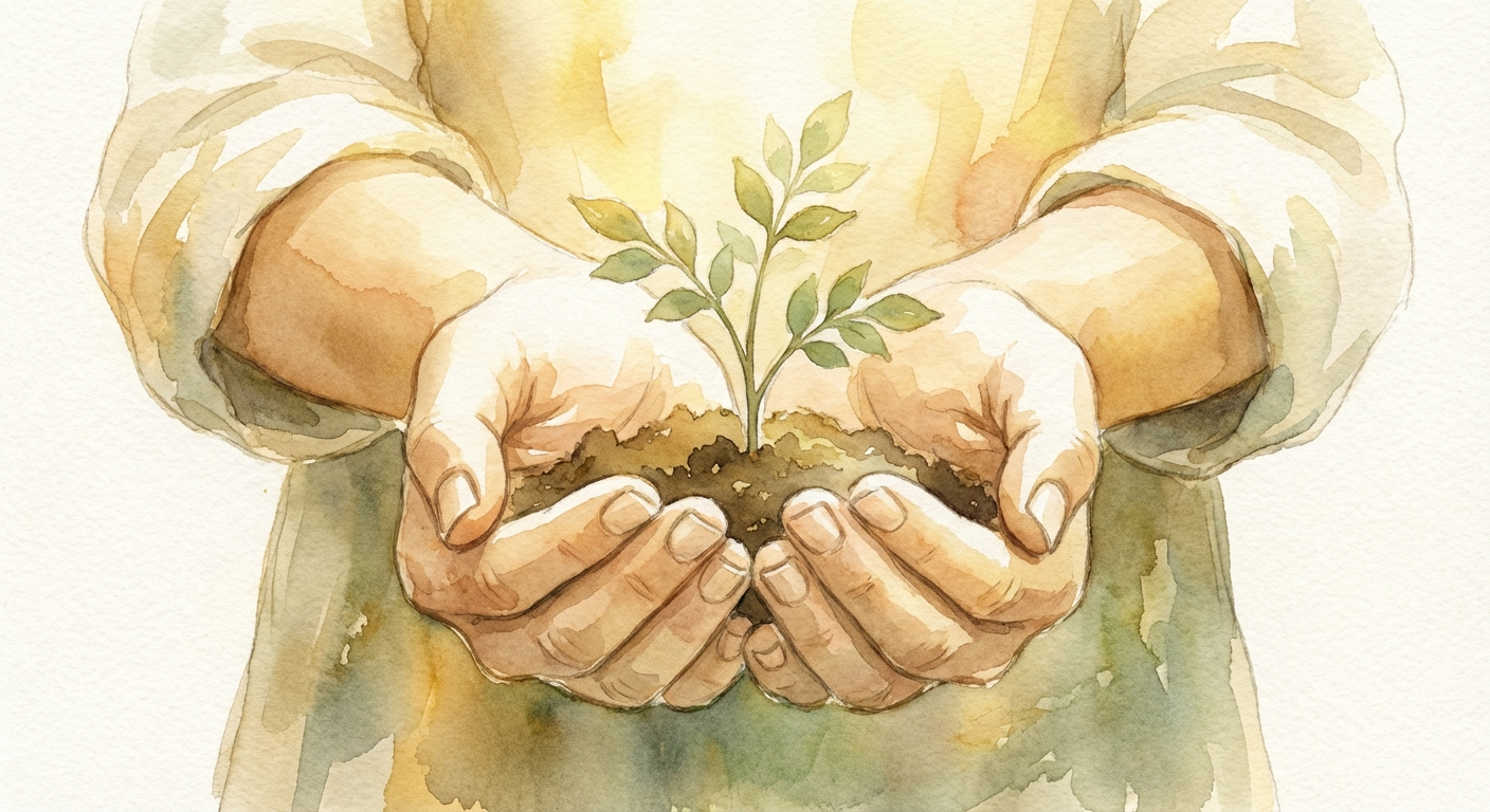 איור בצבעי מים של ידיים מחזיקות צמח קטן צומח, סמל להתחלה מחדש