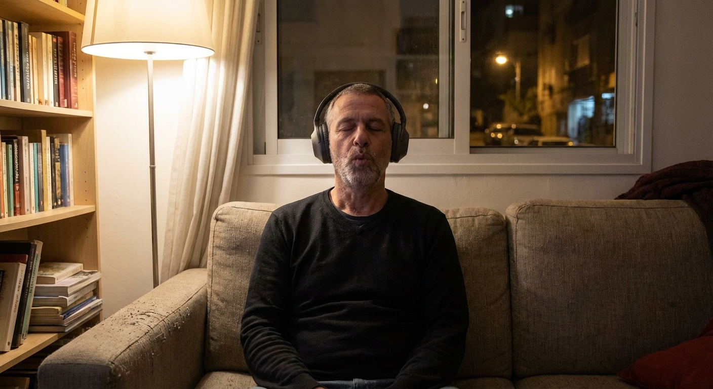 גבר ישראלי יושב בסלון חשוך עם אוזניות, מתרגל זמזום עדין ונשיפה ארוכה להרגעה