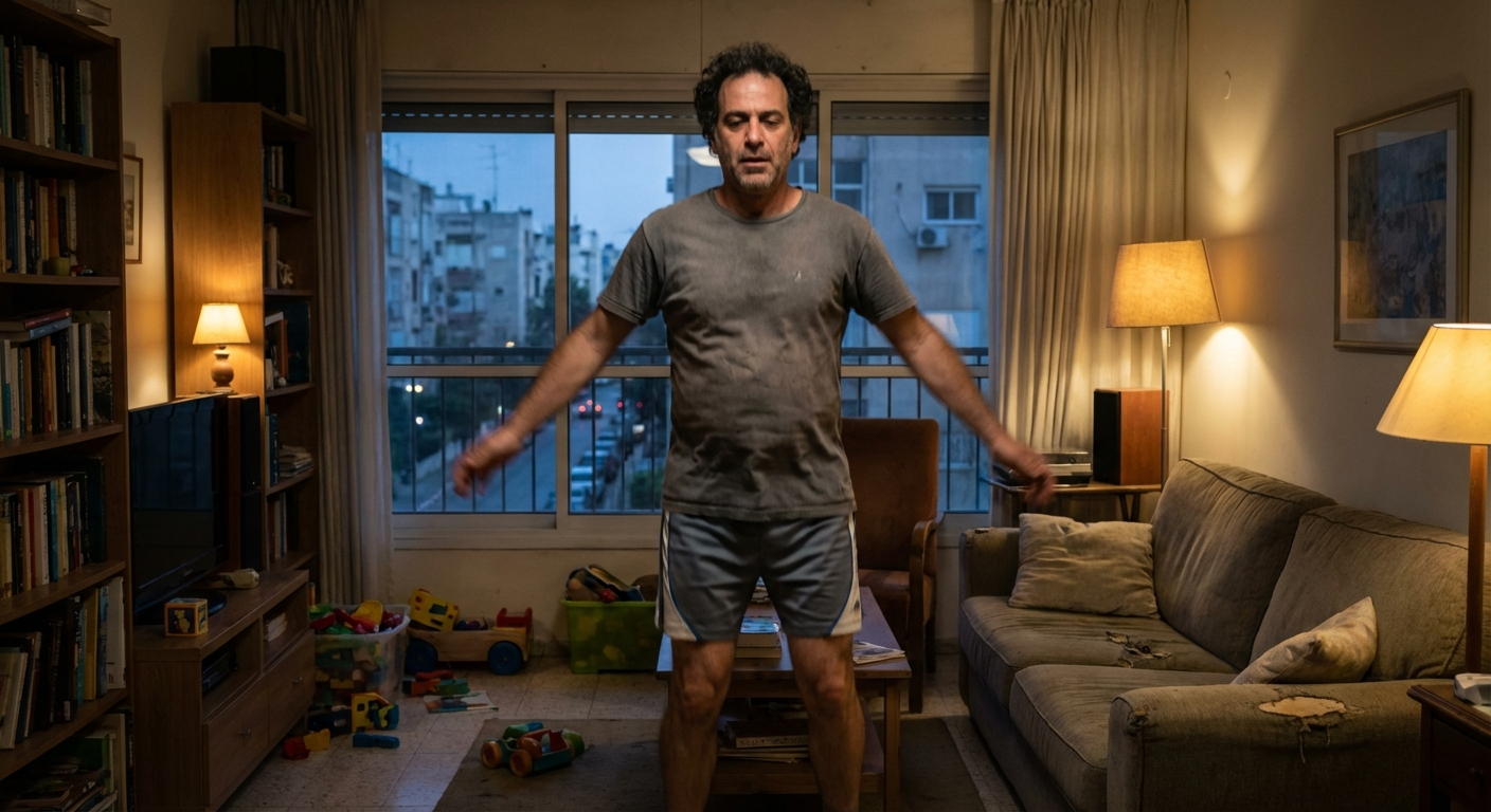 גבר ישראלי עושה תרגיל קפיצות במקום בסלון כדי להוריד הצפה רגשית
