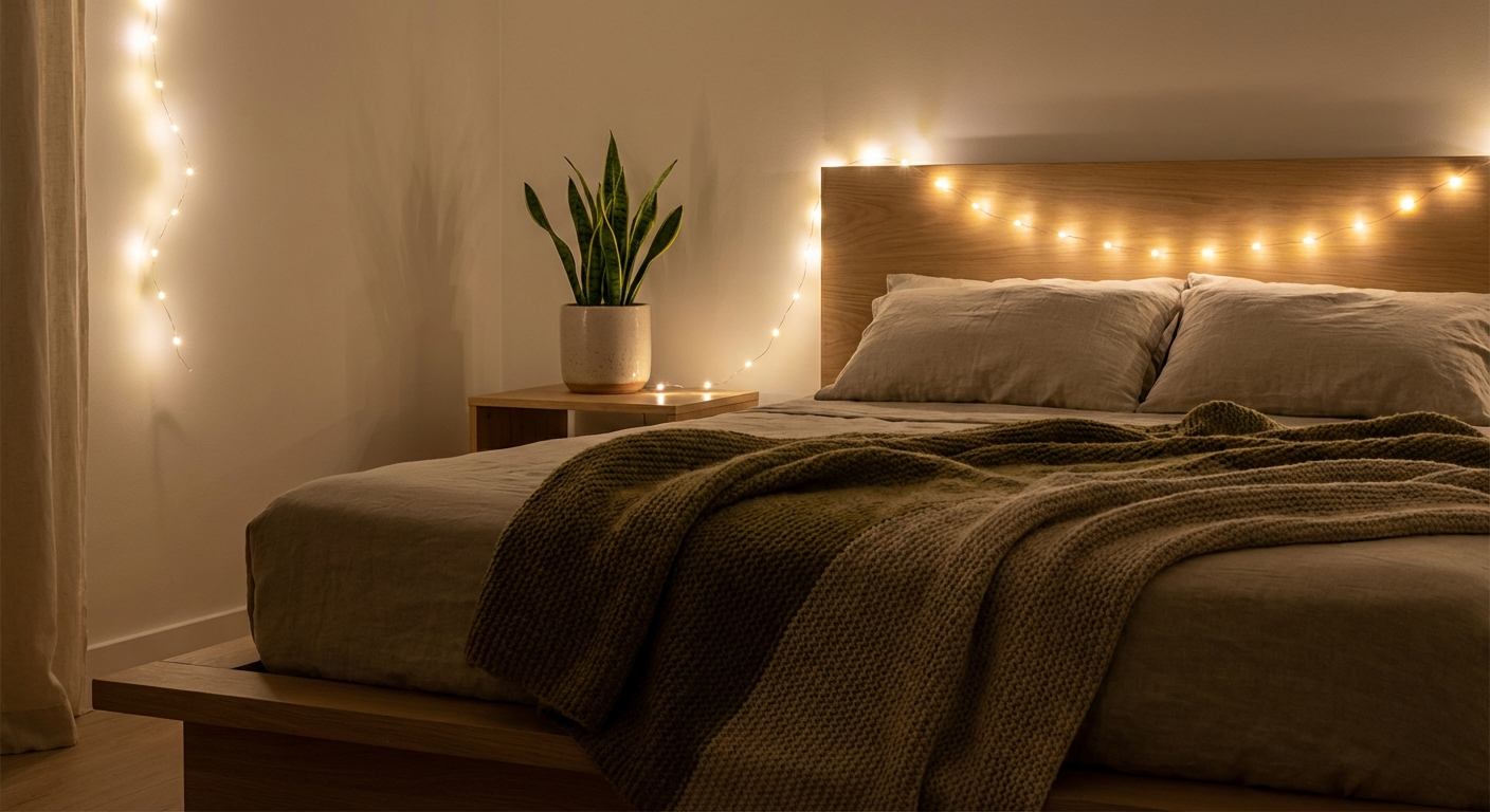 חדר שינה שקט עם תאורה רכה ואווירה רגועה