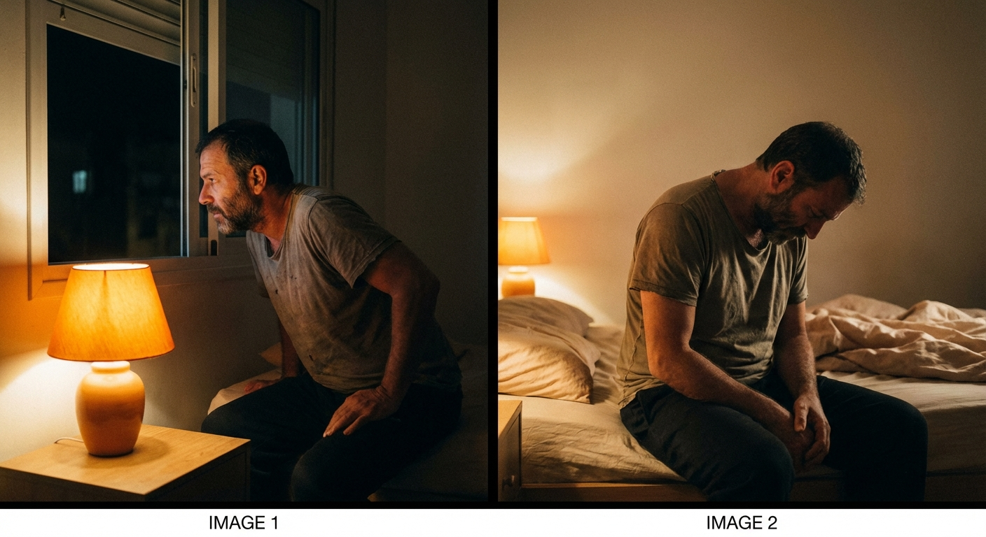 גבר ישראלי עומד ליד חלון סגור בלילה, בודק שהחדר בטוח וחוזר למיטה אחרי תרגיל נשימה קצר