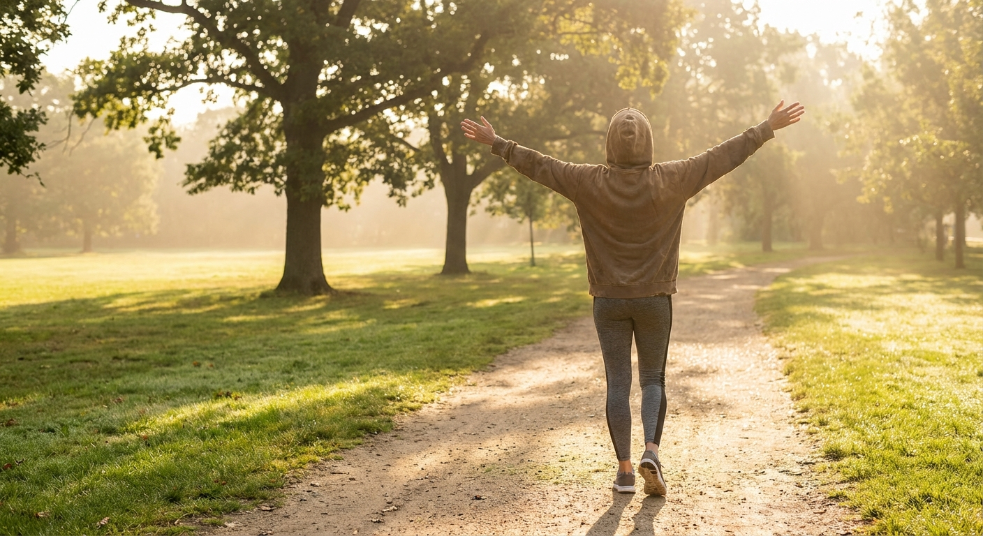 אדם מותח ידיים בפארק ירוק באור בוקר, תחושת שחרור