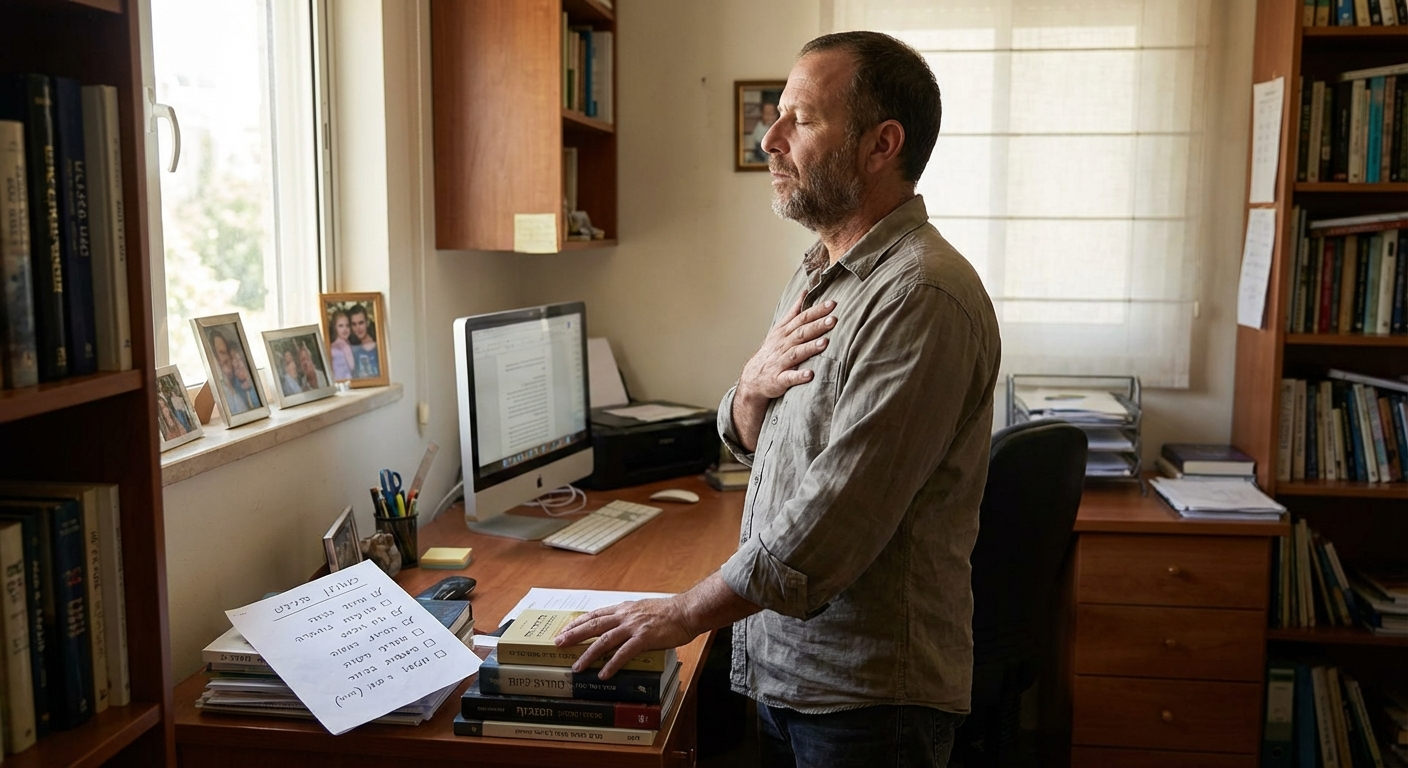 גבר ישראלי במשרד ביתי עושה תרגיל מיקוד קצר עם רשימת משימות על דף אחרי אזעקה