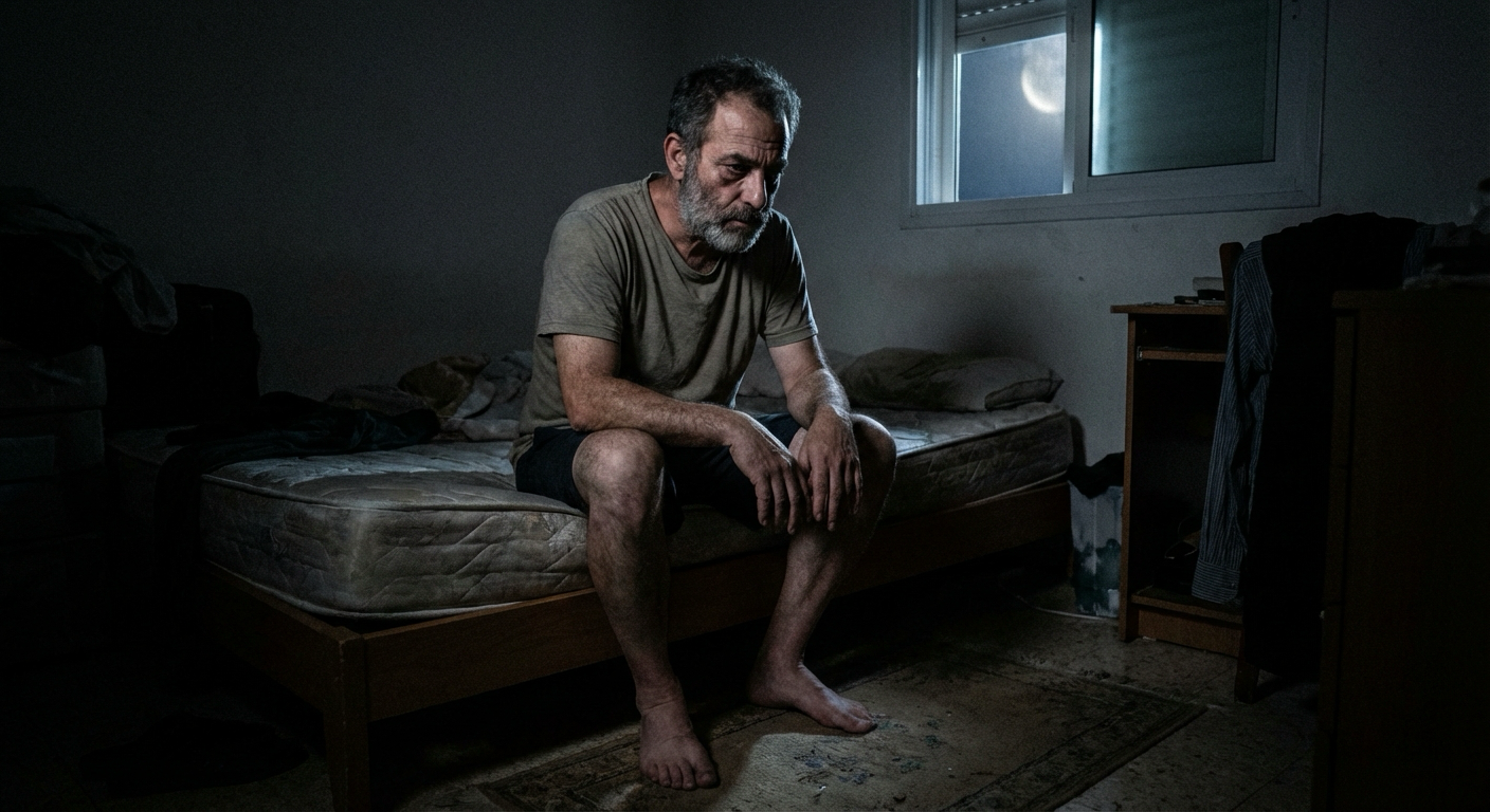 גבר ישראלי יושב על קצה המיטה בחושך, ידיים על הברכיים, אור חלש מהחלון