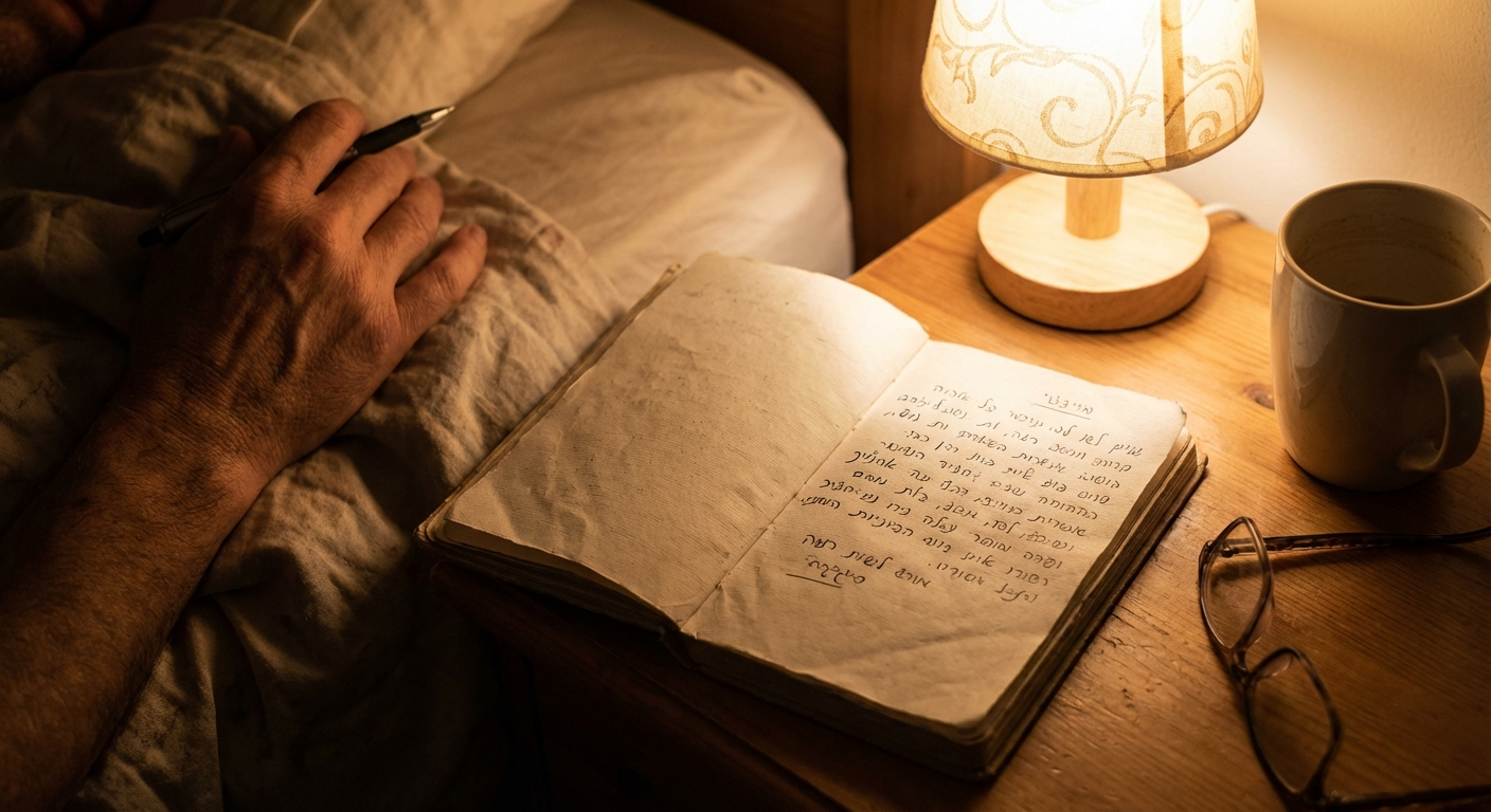 מחברת פתוחה על שידה ליד המיטה עם כתיבה מסודרת לפני שינה