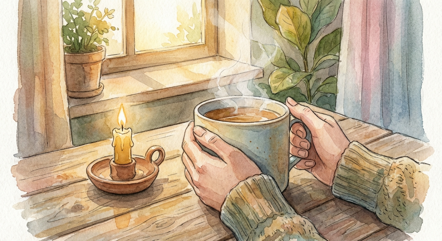 איור בצבעי מים של ידיים אוחזות בספל תה חם לצד נר דולק, באור בוקר רך