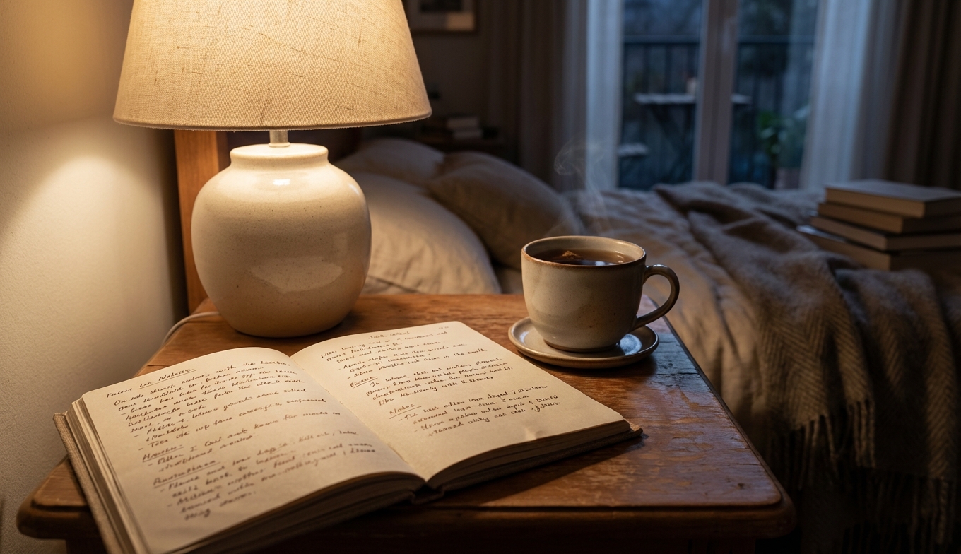 מחברת פתוחה ליד כוס תה חם ומנורת לילה רכה, רגע שקט של סגירת יום לפני שינה
