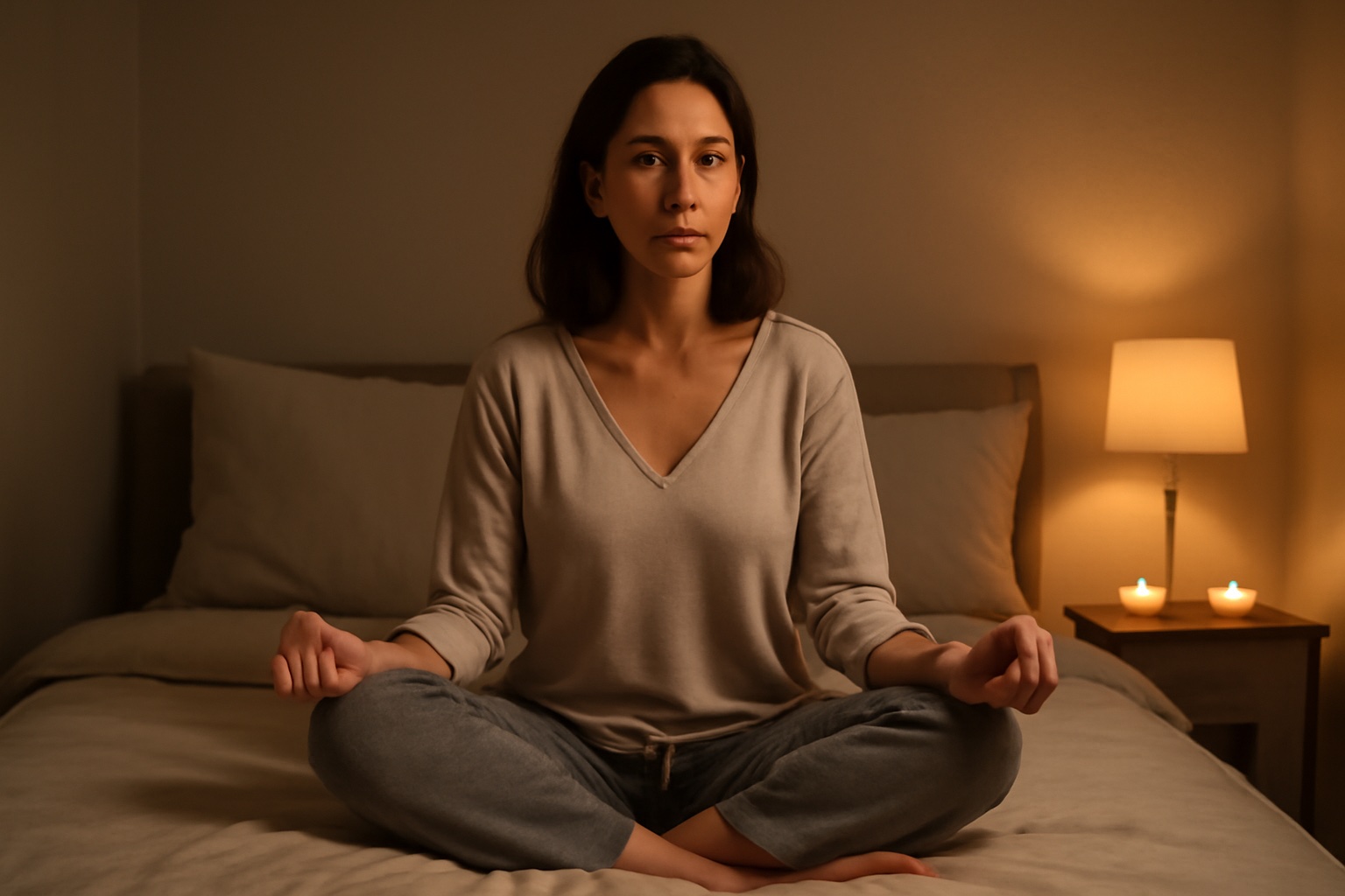 אישה ישראלית יושבת על המיטה במצב רגוע עם רגליים שלובות ונרות עדינים ברקע, אור ערב חם