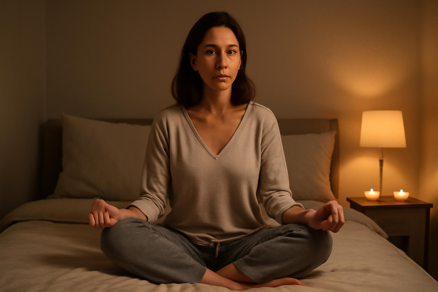 אישה ישראלית יושבת על המיטה במצב רגוע עם רגליים שלובות ונרות עדינים ברקע, אור ערב חם