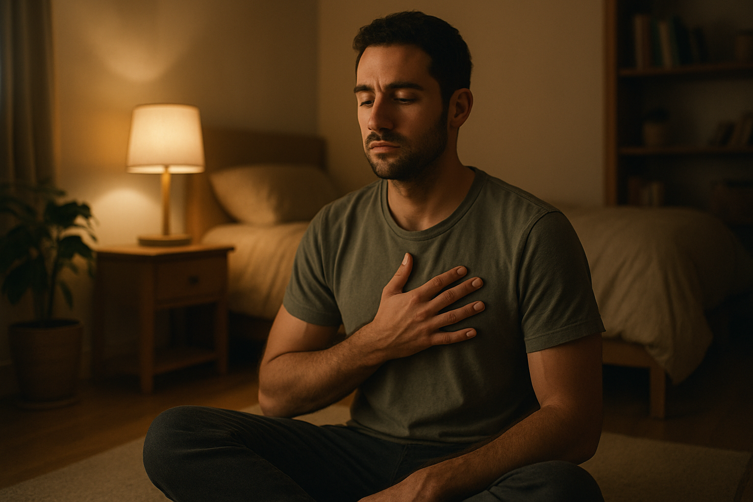 גבר ישראלי יושב על רצפת חדר שינה ונושם לאט עם עיניים עצומות, אור לילי חם