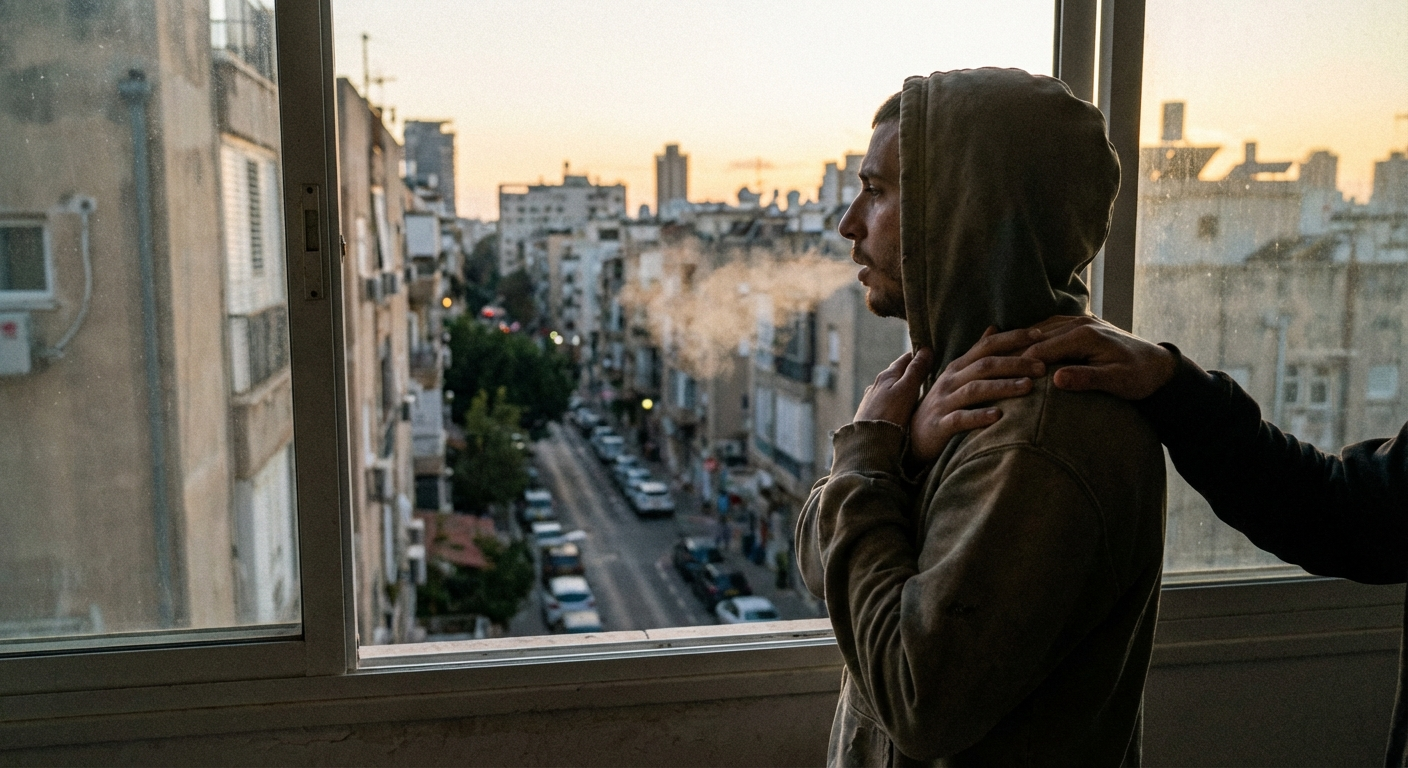 אדם ישראלי עומד ליד חלון בבית, מניח ידיים על הכתפיים ונושם עמוק אחרי אזעקה