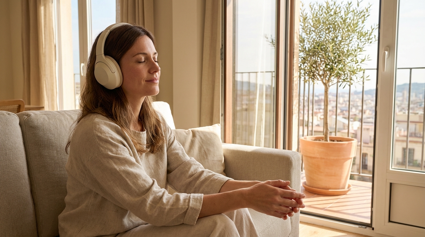 אישה עם אוזניות יושבת על ספה בסלון מואר ועושה תרגיל נשימה קצר