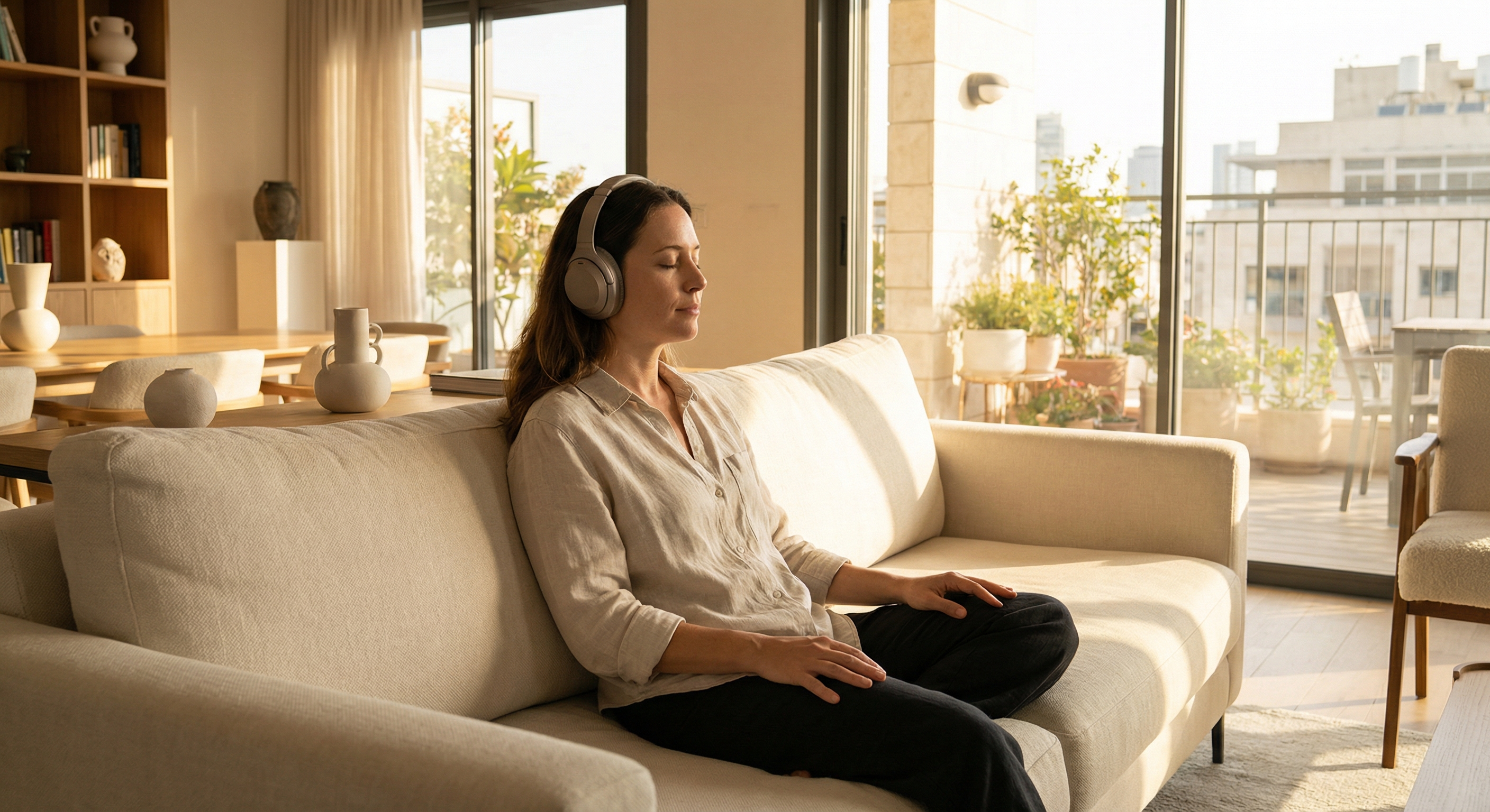 אישה יושבת בעיניים עצומות על ספה עם אוזניות ומתרגלת נשימה איטית