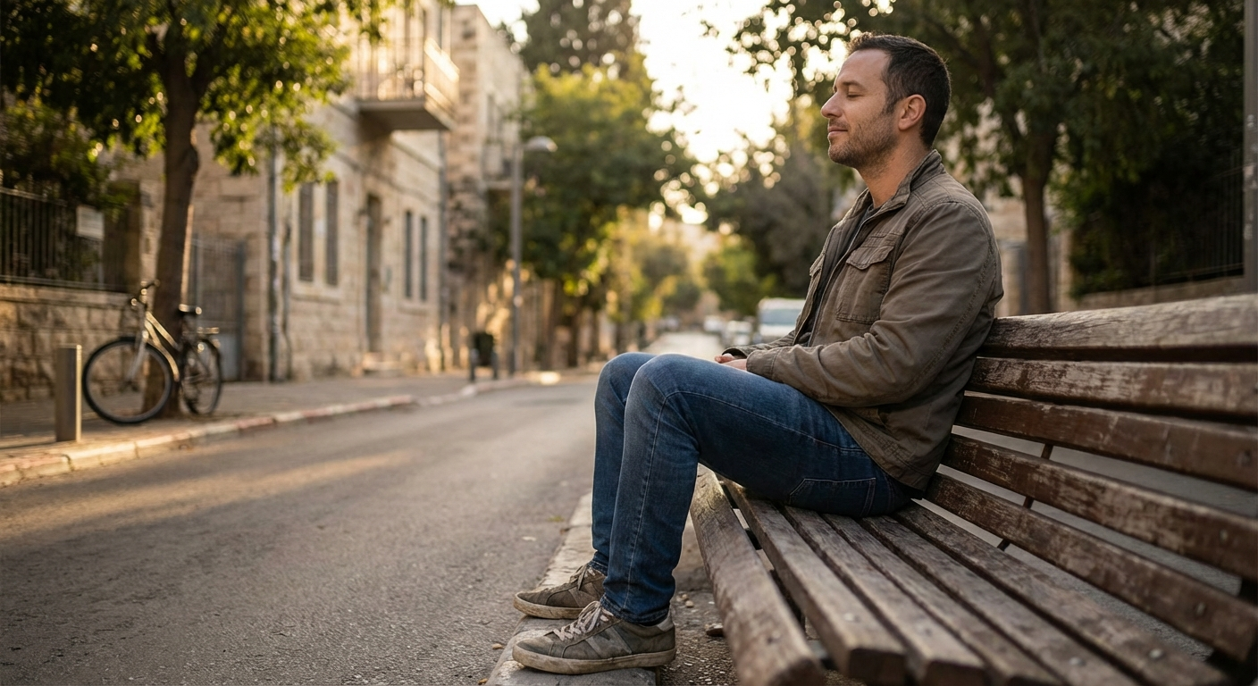 גבר ישראלי יושב על ספסל ברחוב עם כפות רגליים על הקרקע ונושם לאט, סביבה עירונית רגועה
