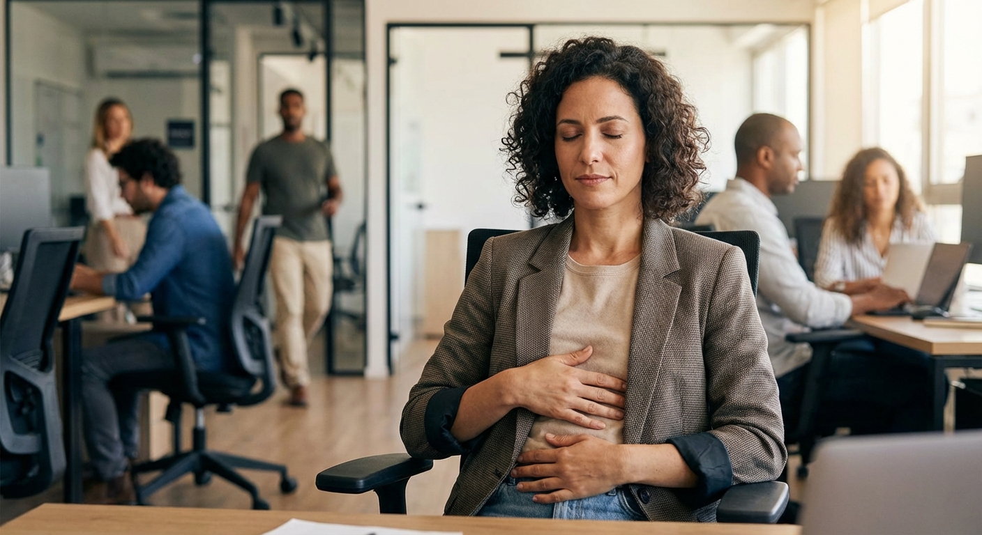 אישה ישראלית מתרגלת נשימה עמוקה במשרד, ידיים על הבטן, עיניים עצומות
