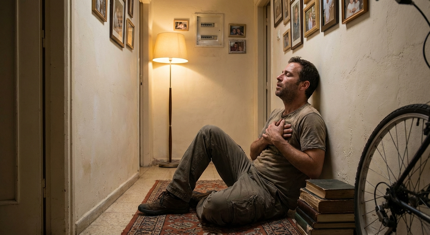 גבר ישראלי יושב על הרצפה נשען על הקיר ומתרגל נשימה איטית להרגעת ערנות יתר