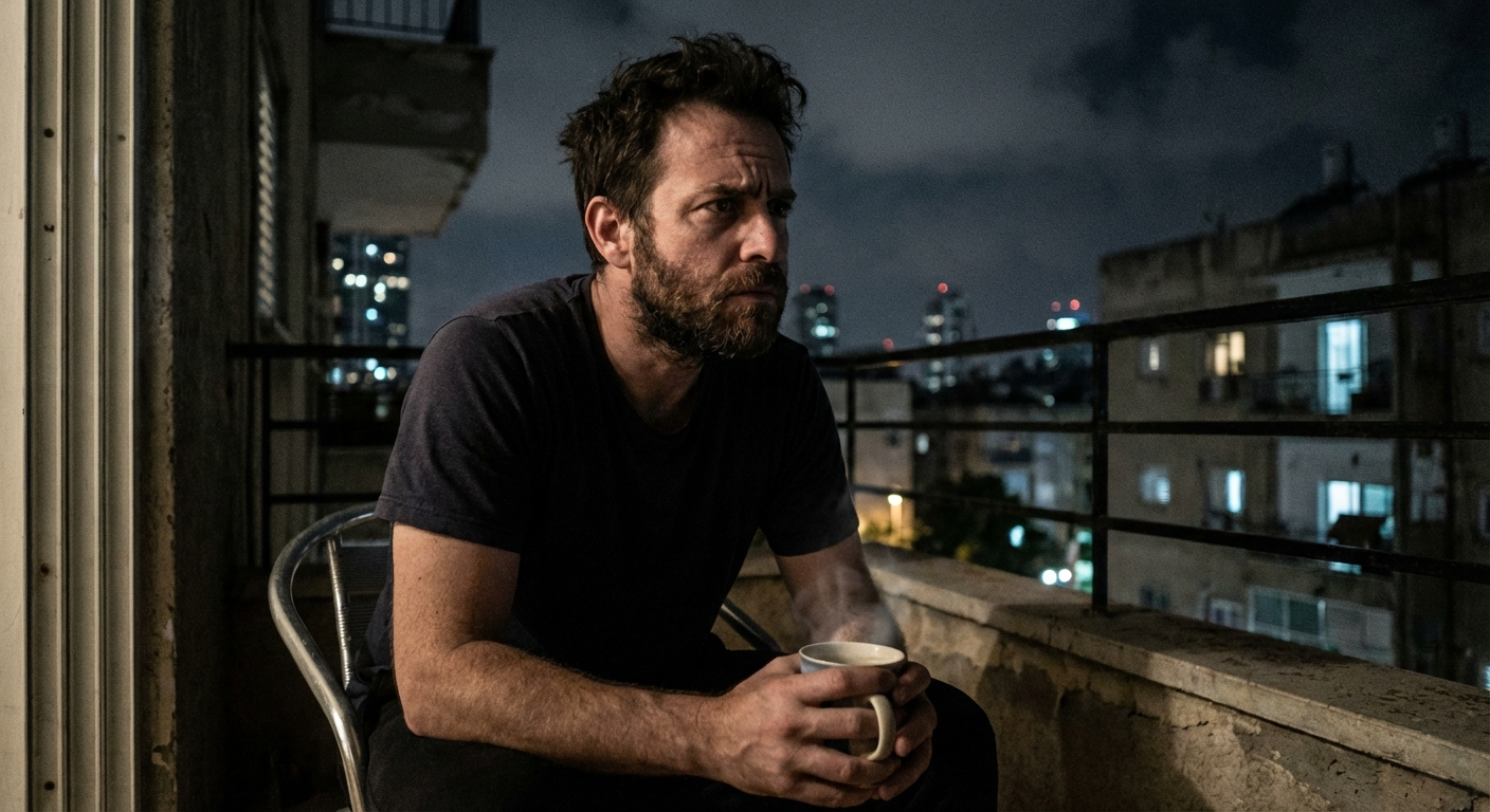 אב ישראלי יושב במרפסת בלילה עם כוס תה, נראה מהורהר ומודאג