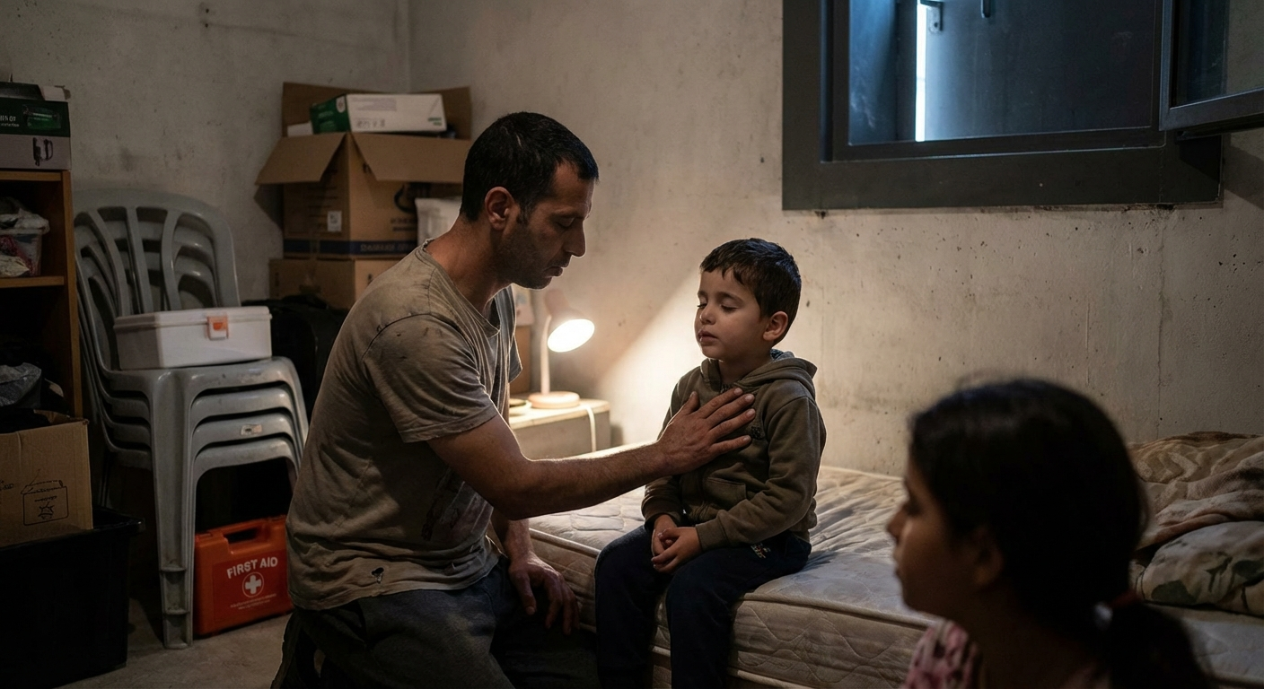 משפחה ישראלית יושבת במרחב מוגן בזמן אזעקה, אחד ההורים מניח יד על החזה ונושם לאט