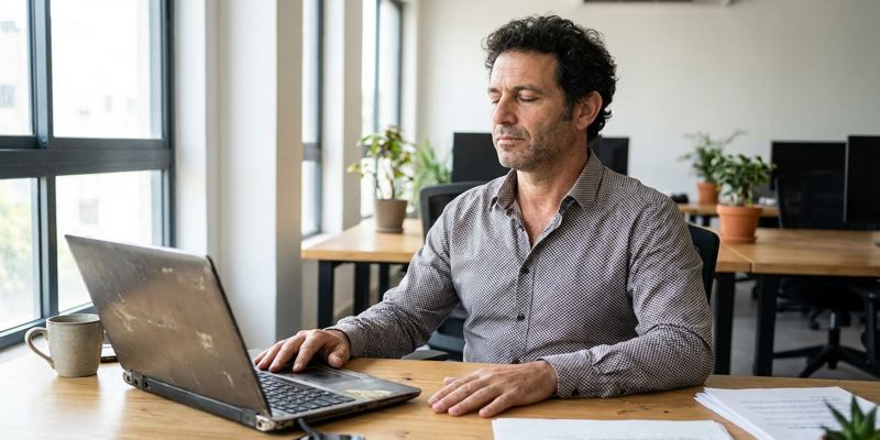 אדם יושב על ספסל בפארק בישראל, עוצם עיניים ומתרגל נשימה עמוקה, עצים וירוק ברקע