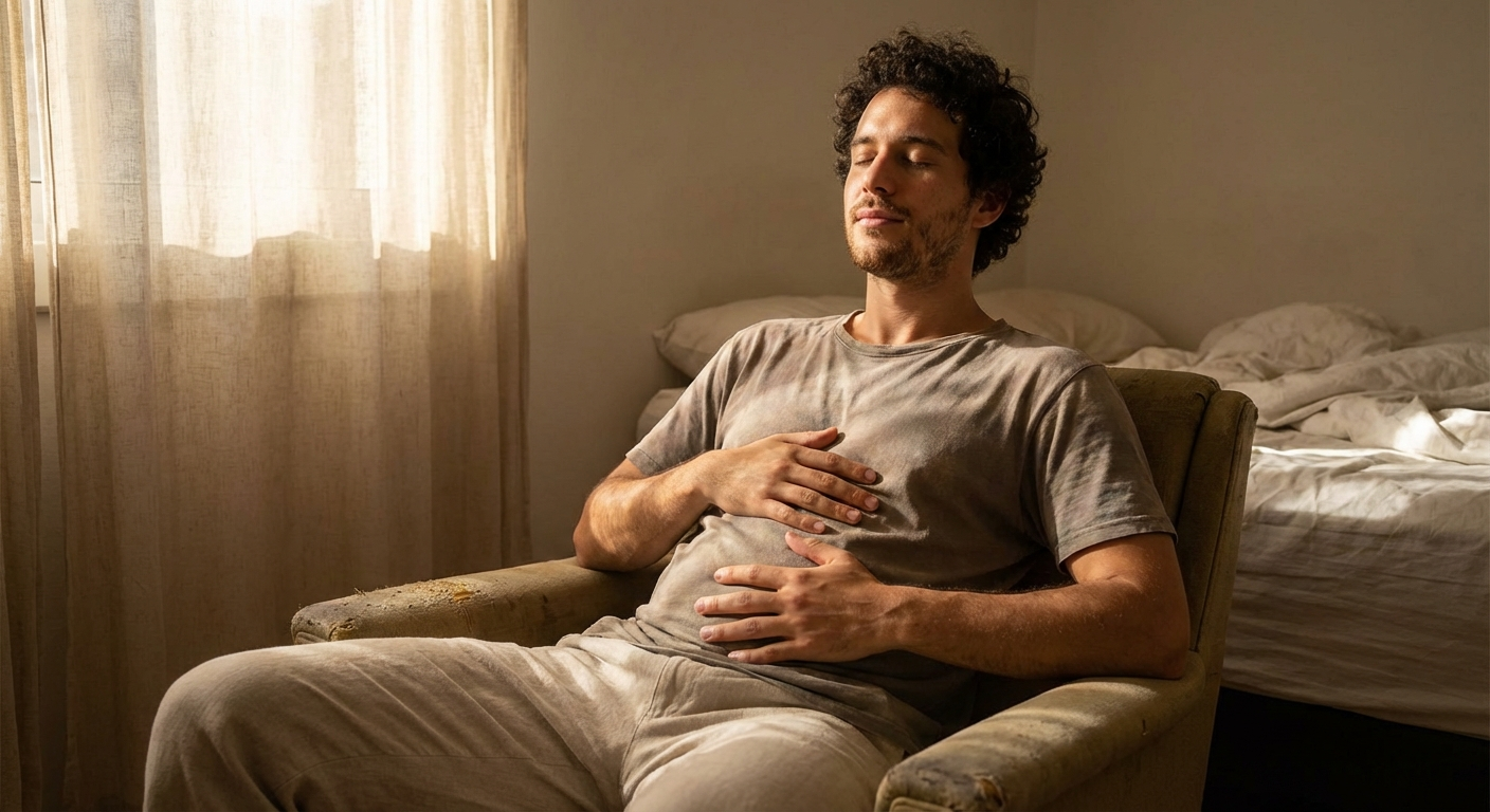 גבר ישראלי צעיר נושם לאט עם עיניים עצומות, ידיים על הבטן, אור רך