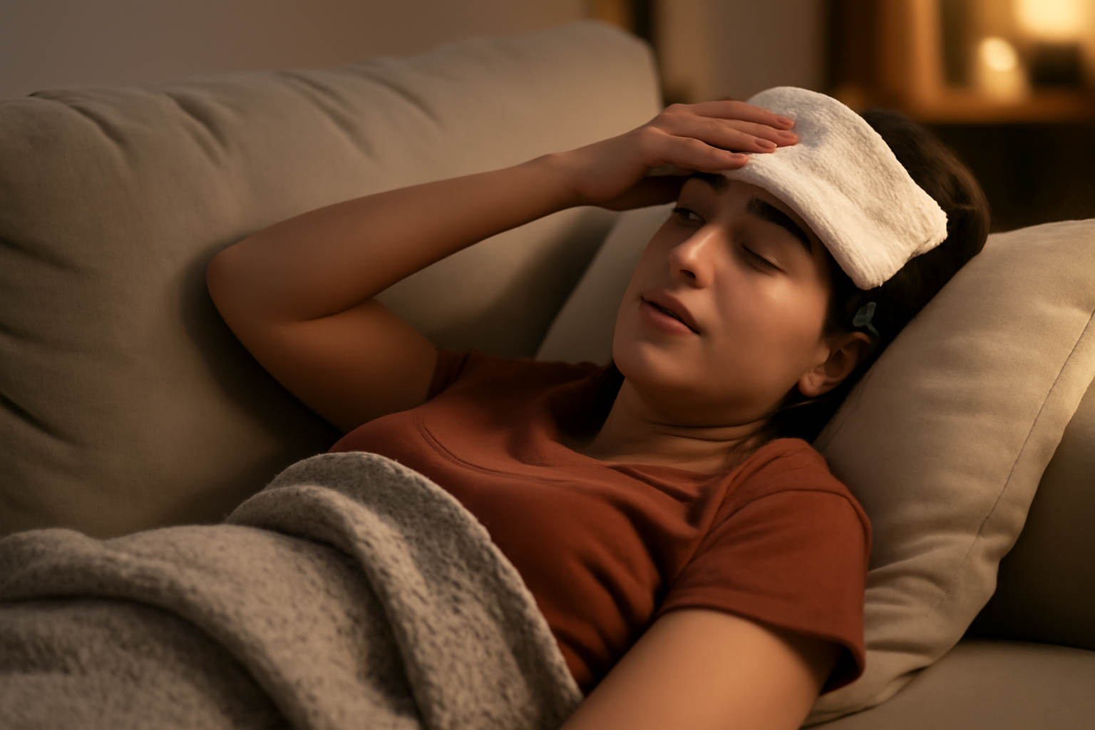 אישה ישראלית שוכבת על ספה עם מגבת קרה על המצח ועיניים עצומות, חדר מואר באור רך